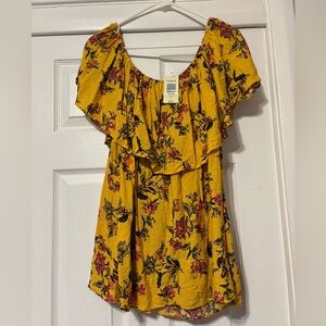 Torrid Mustard Yellow Floral Ruffle Top Plus size 0 NWT
